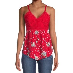No Boundaries SM Red Lace Floral Babydoll Top